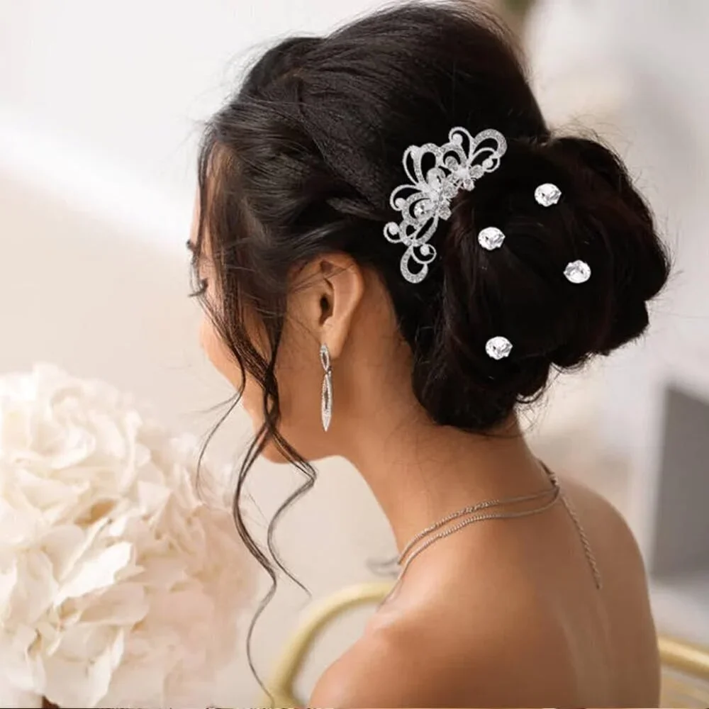 40 Pack Shinning Silver Rhinestone Butterfly Leaf Flower Bridal Hair Side Combs+